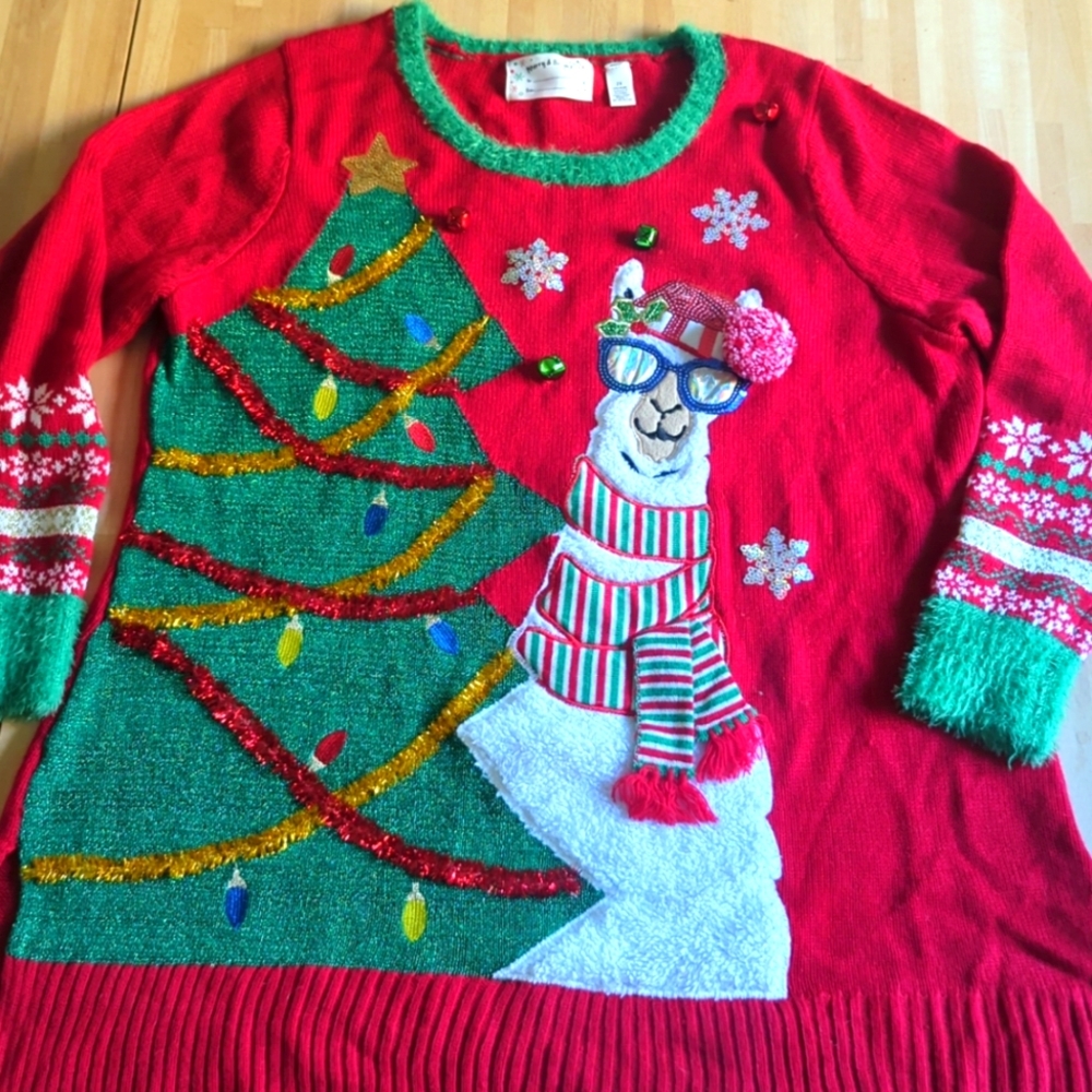 Merry and Bright llama jingle bells ugly Christmas sweater